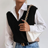 Vintage V Neck Solid Color Chunky Cable Knit Pullover Fisherman Sweater Vest